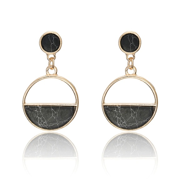 Golden Black Marble Dangle Long Earrings Gold - Picture 3 of 6